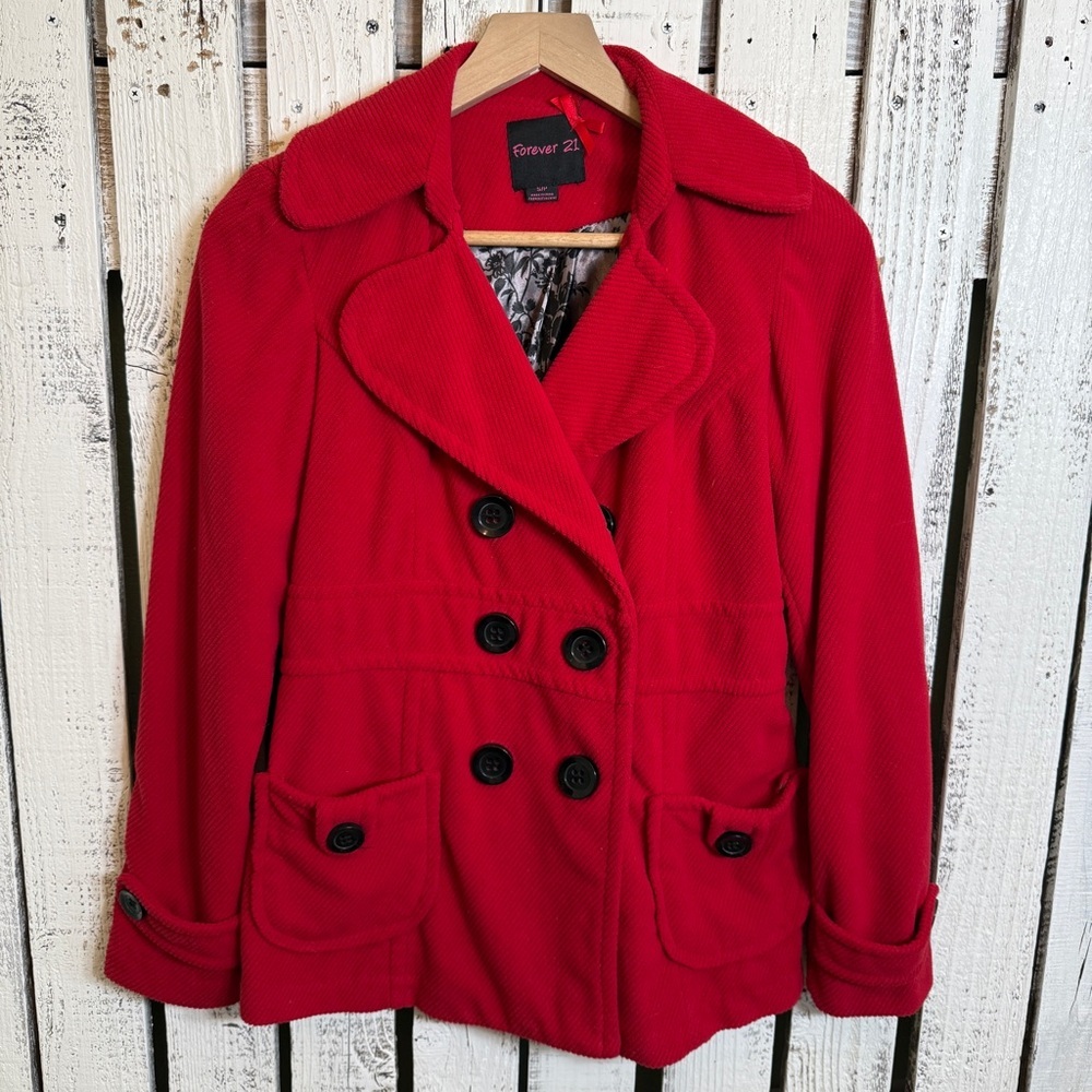 Forever 21 Red Soft Peacoat Jacket Women's Small Button-Up Jacket Y2K Retro Vibe